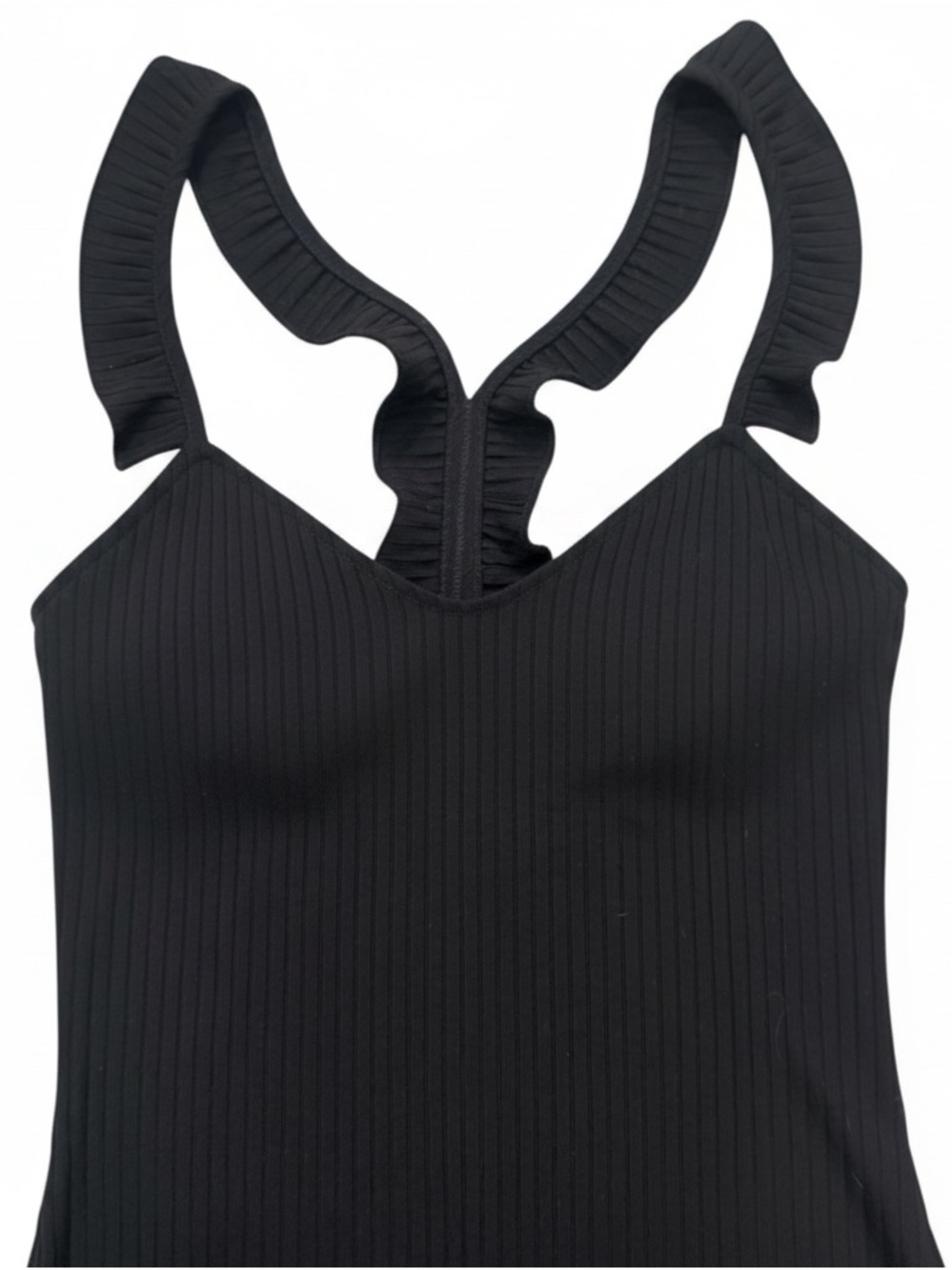 Chris Chandler Ribbed Maxi Dress Black Ruffle Strap Bodycon Size Small - Picture 2 of 9